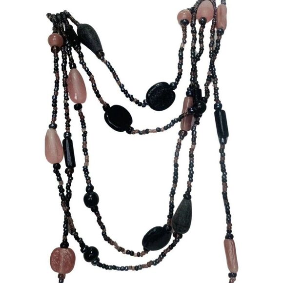 Vintage Pink Black multi 5 Tier Chic Beaded Silver Tone Layered Necklace 24” - Picture 9 of 10